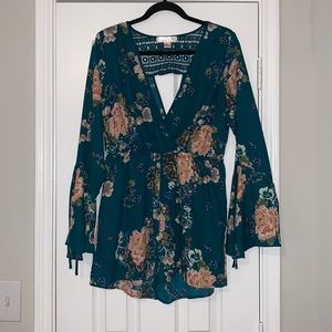 Teal Floral Romper with Bell Sleeves